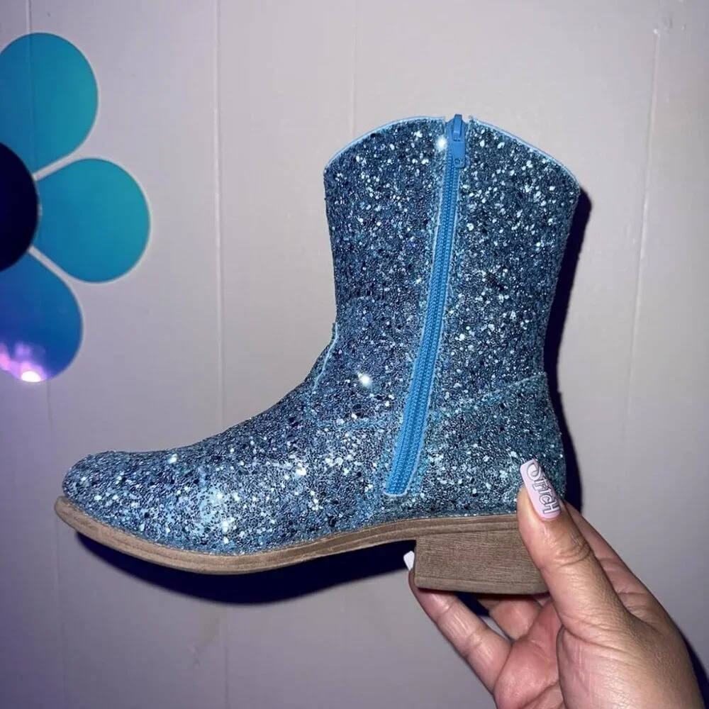 🆕Girls Blue Glitter Manmade Glitter Cowgirl Mid Calf Cowboy Western Boots